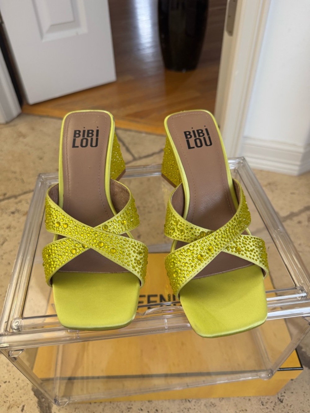 Bibi Lou Lime Crystal Cross-Strap Block Heel Sandals